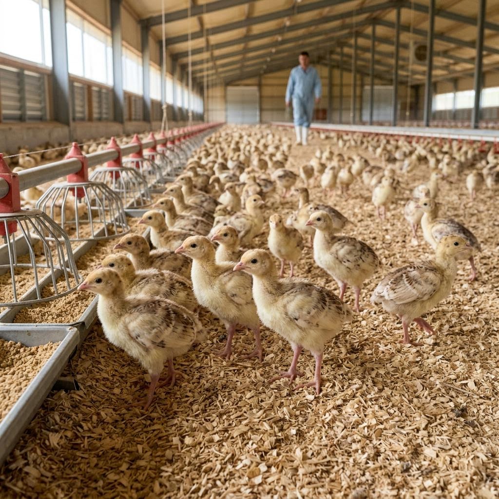 Illustration of turkey poults in a brooding environment