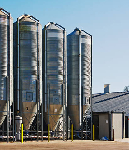 Grain storage silos shown on the poultry feed page